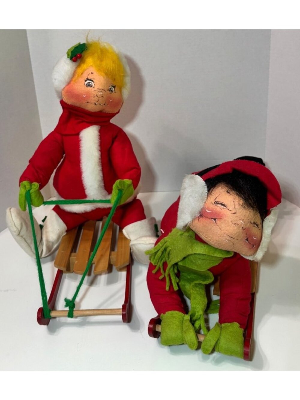 ANNALEE 18” Mobilitee Girl and Boy Doll on Sleigh Sleds Christmas